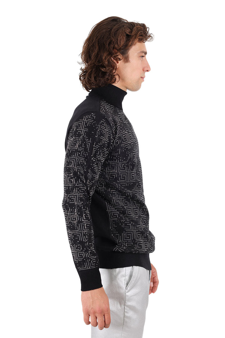 Barabas Men's Rhinestone Floral Greek Pattern Turtleneck Sweater 2LS2105 Black Silver