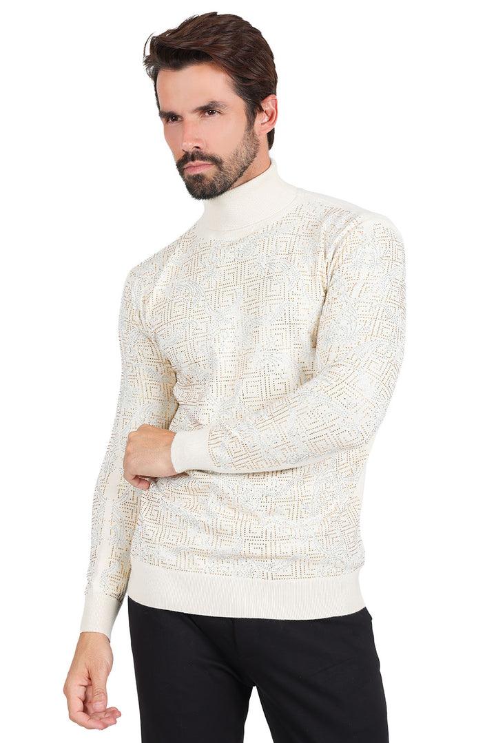 Barabas Men's Rhinestone Floral Greek Pattern Turtleneck Sweater 2LS2105 Cream Gold