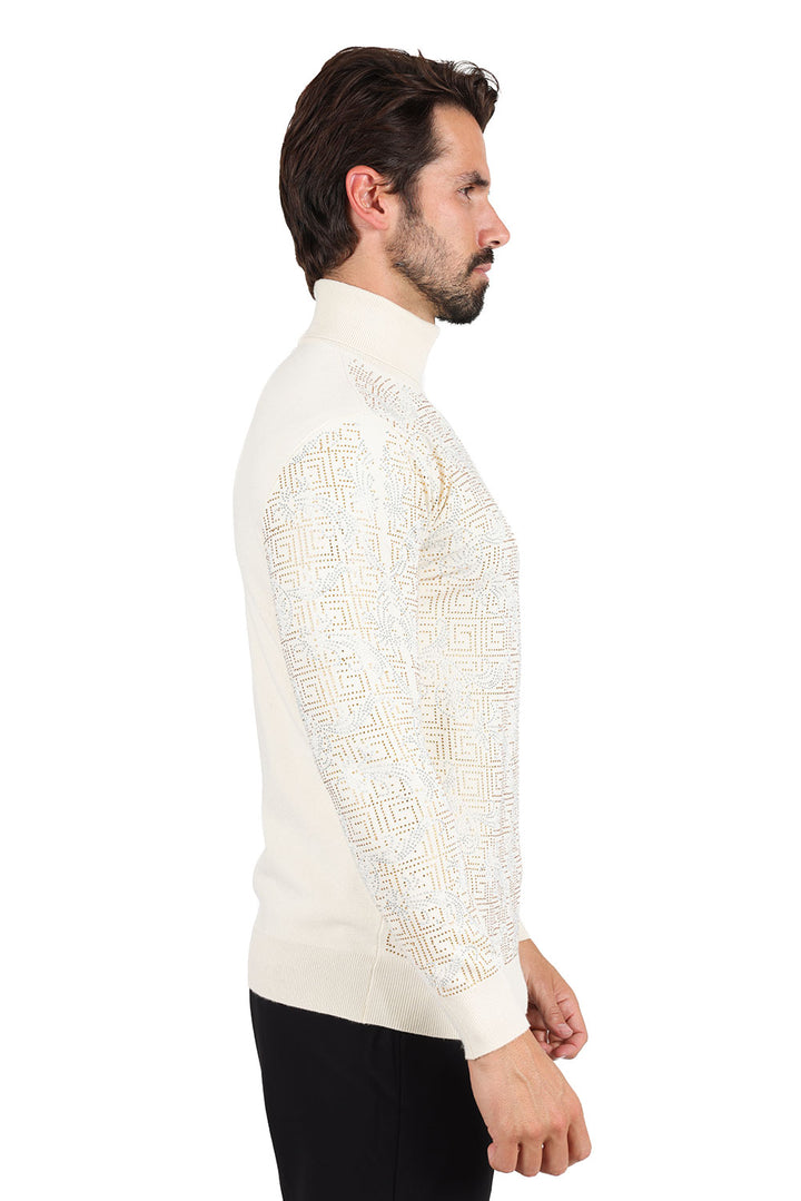 Barabas Men's Rhinestone Floral Greek Pattern Turtleneck Sweater 2LS2105 Cream Gold
