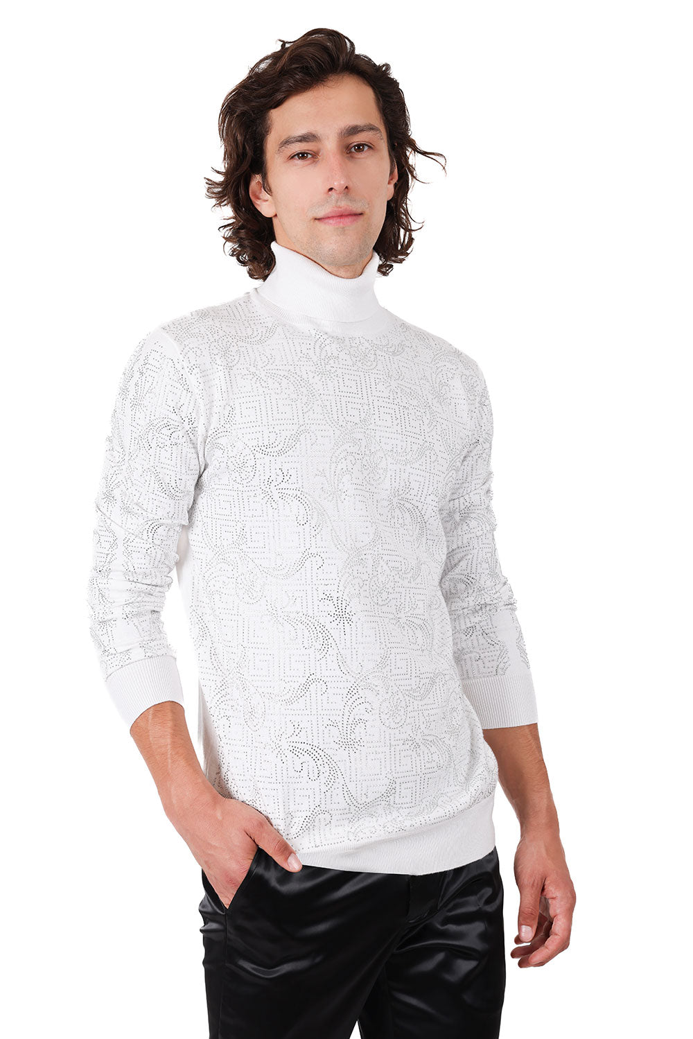 Barabas Men's Rhinestone Floral Greek Pattern Turtleneck Sweater 2LS2105 White Silver