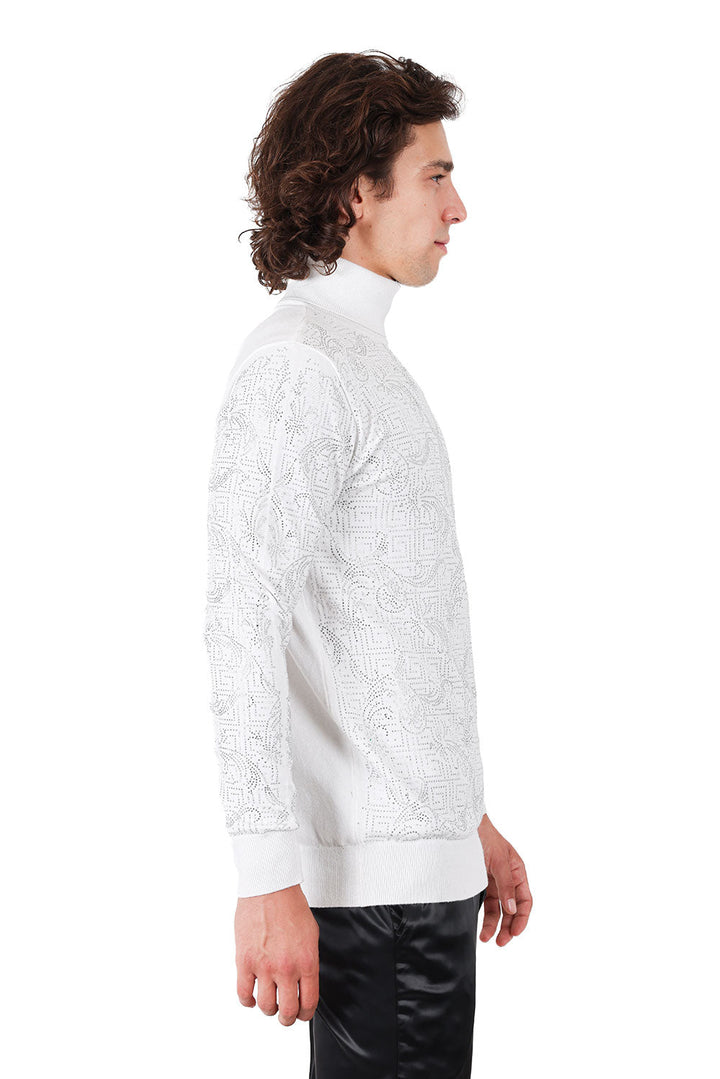 Barabas Men's Rhinestone Floral Greek Pattern Turtleneck Sweater 2LS2105 White Silver