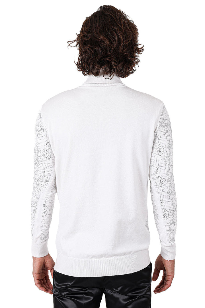 Barabas Men's Rhinestone Floral Greek Pattern Turtleneck Sweater 2LS2105 White Silver