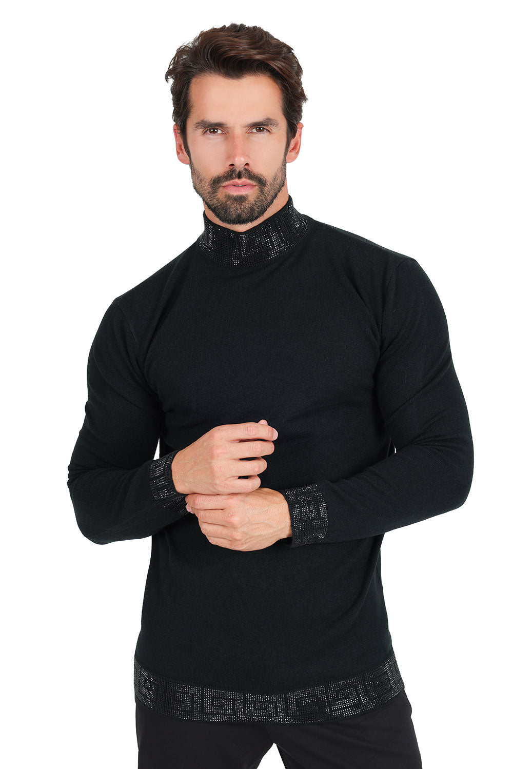 Barabas Men's Rhinestones Greek Key Pattern Turtleneck Sweater 2LS2106 Black Black