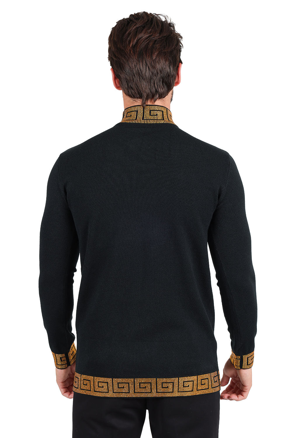 Barabas Men's Rhinestones Greek Key Pattern Turtleneck Sweater 2LS2106 Black Gold