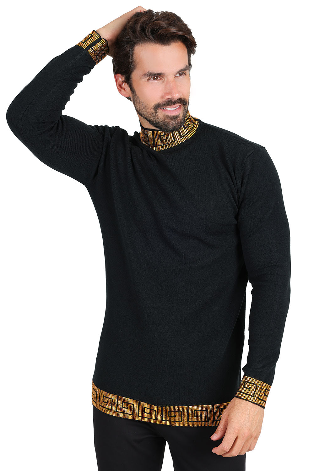 Barabas Men's Rhinestones Greek Key Pattern Turtleneck Sweater 2LS2106 Black Gold