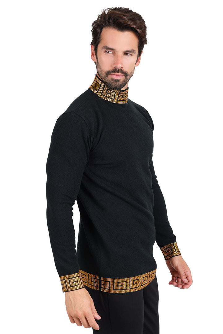 Barabas Men's Rhinestones Greek Key Pattern Turtleneck Sweater 2LS2106 Black Gold