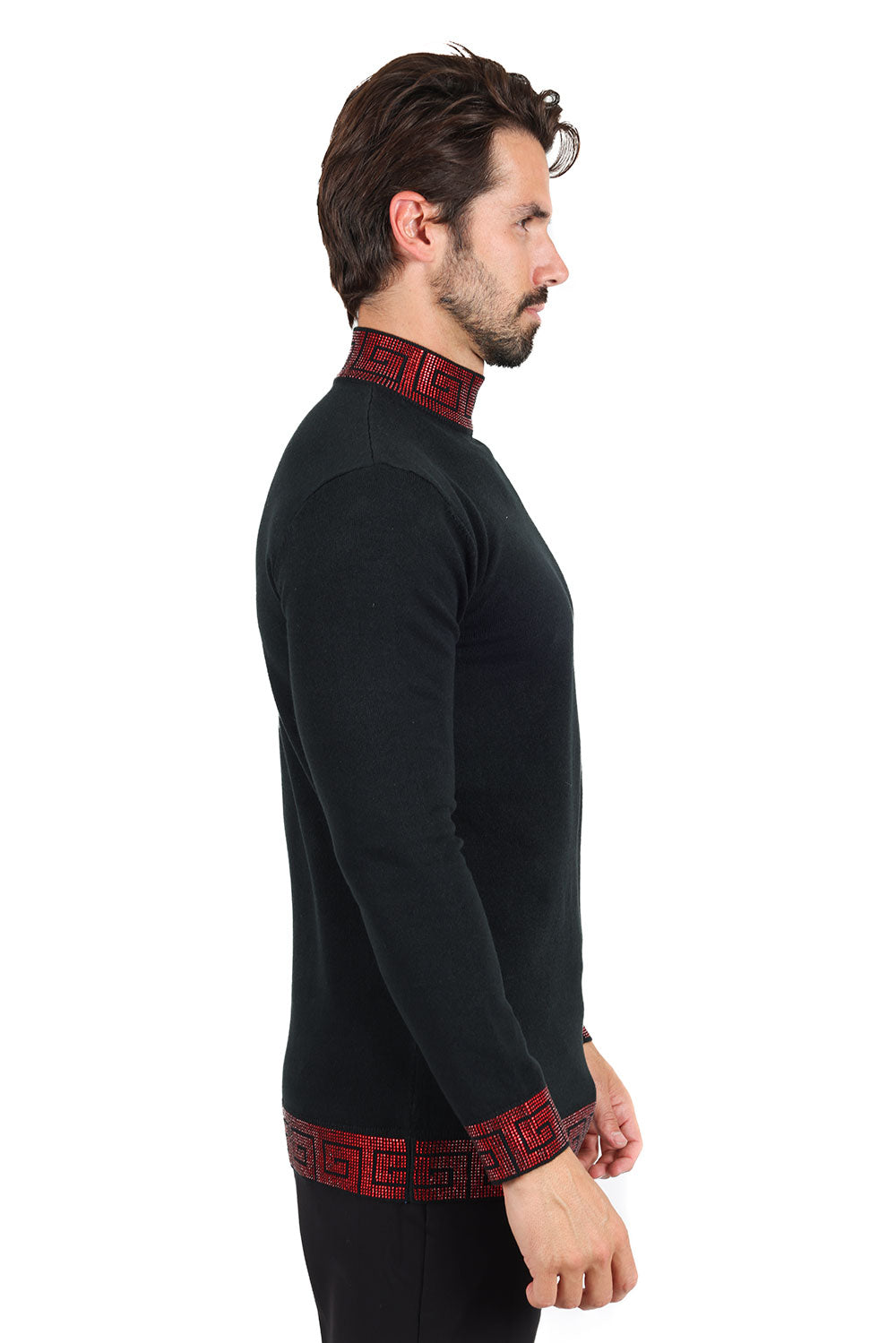 Barabas Men's Rhinestones Greek Key Pattern Turtleneck Sweater 2LS2106 Black Red