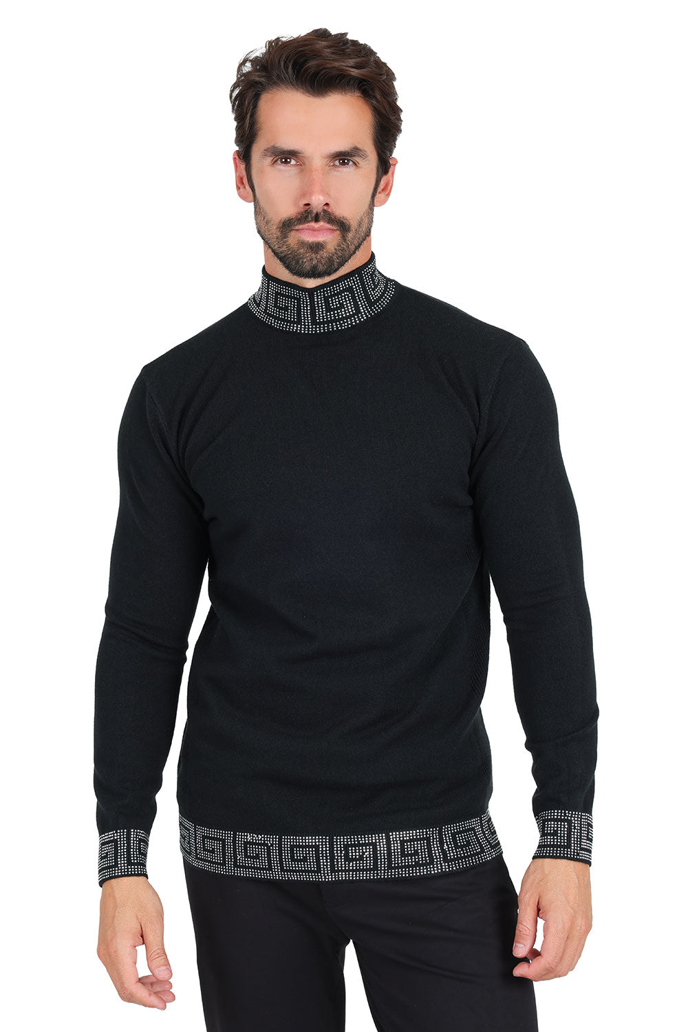 Barabas Men's Rhinestones Greek Key Pattern Turtleneck Sweater 2LS2106 Black Silver