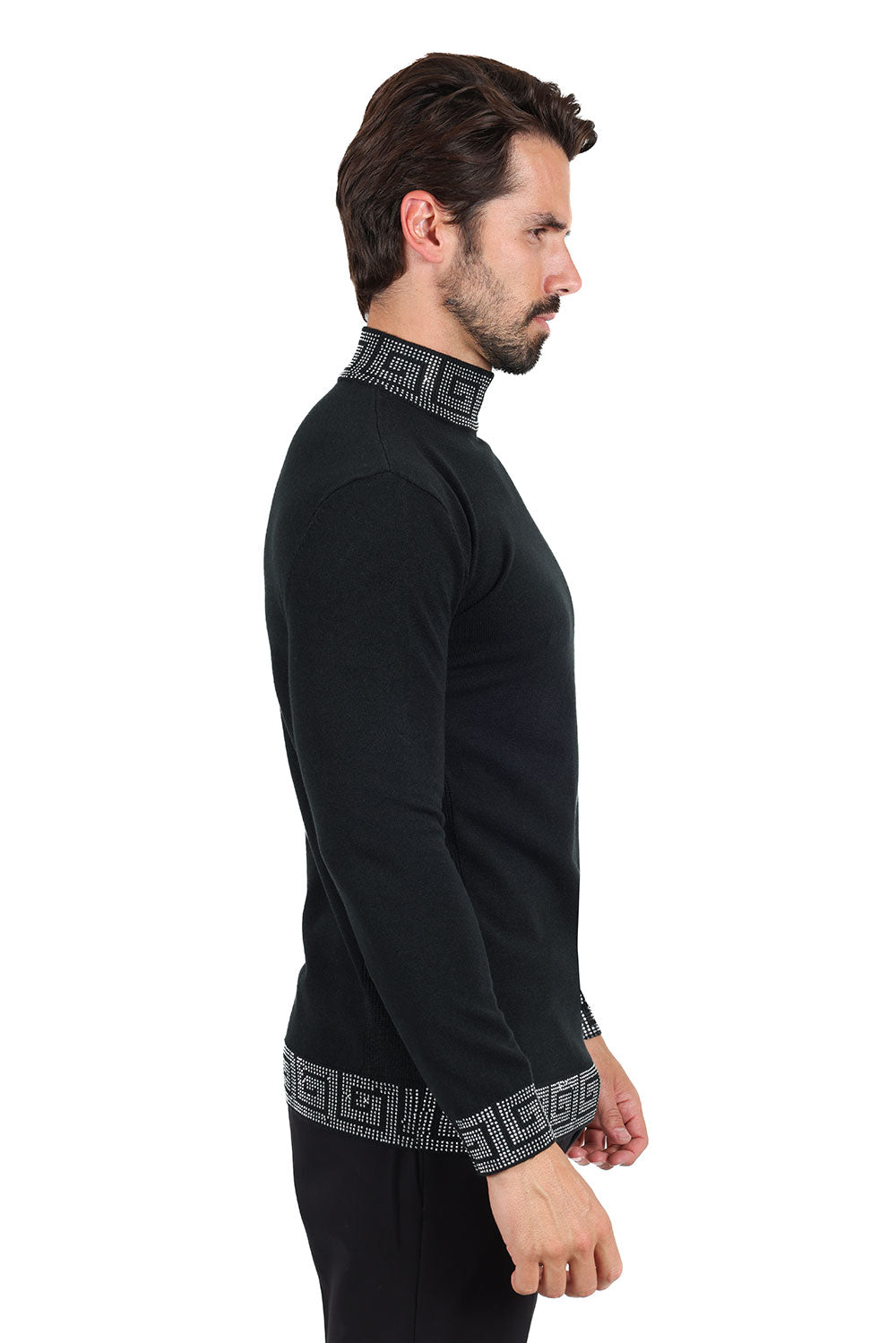 Barabas Men's Rhinestones Greek Key Pattern Turtleneck Sweater 2LS2106 Black Silver