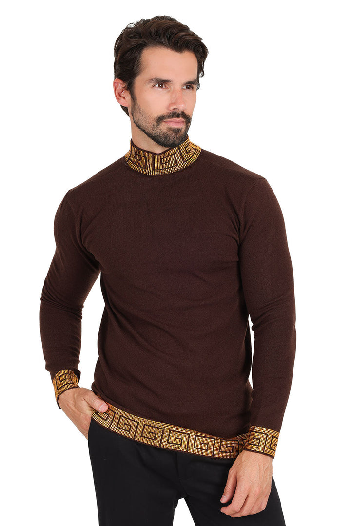 Barabas Men's Rhinestones Greek Key Pattern Turtleneck Sweater 2LS2106 Cofee Gold