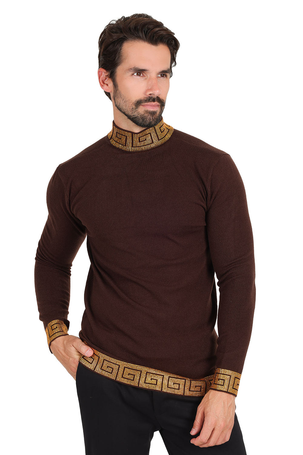 Barabas Men's Rhinestones Greek Key Pattern Turtleneck Sweater 2LS2106 Cofee Gold