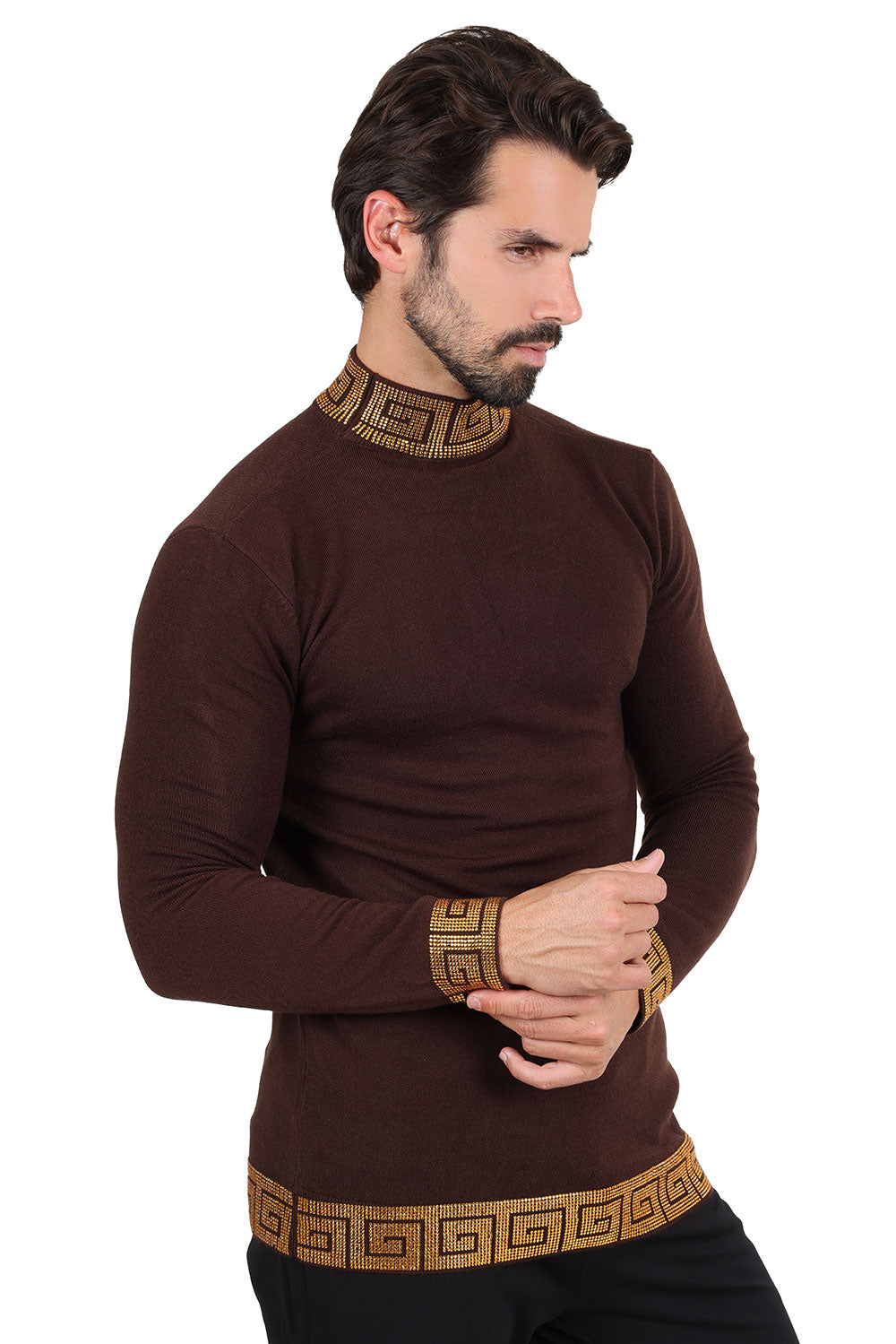 Barabas Men's Rhinestones Greek Key Pattern Turtleneck Sweater 2LS2106 Cofee Gold