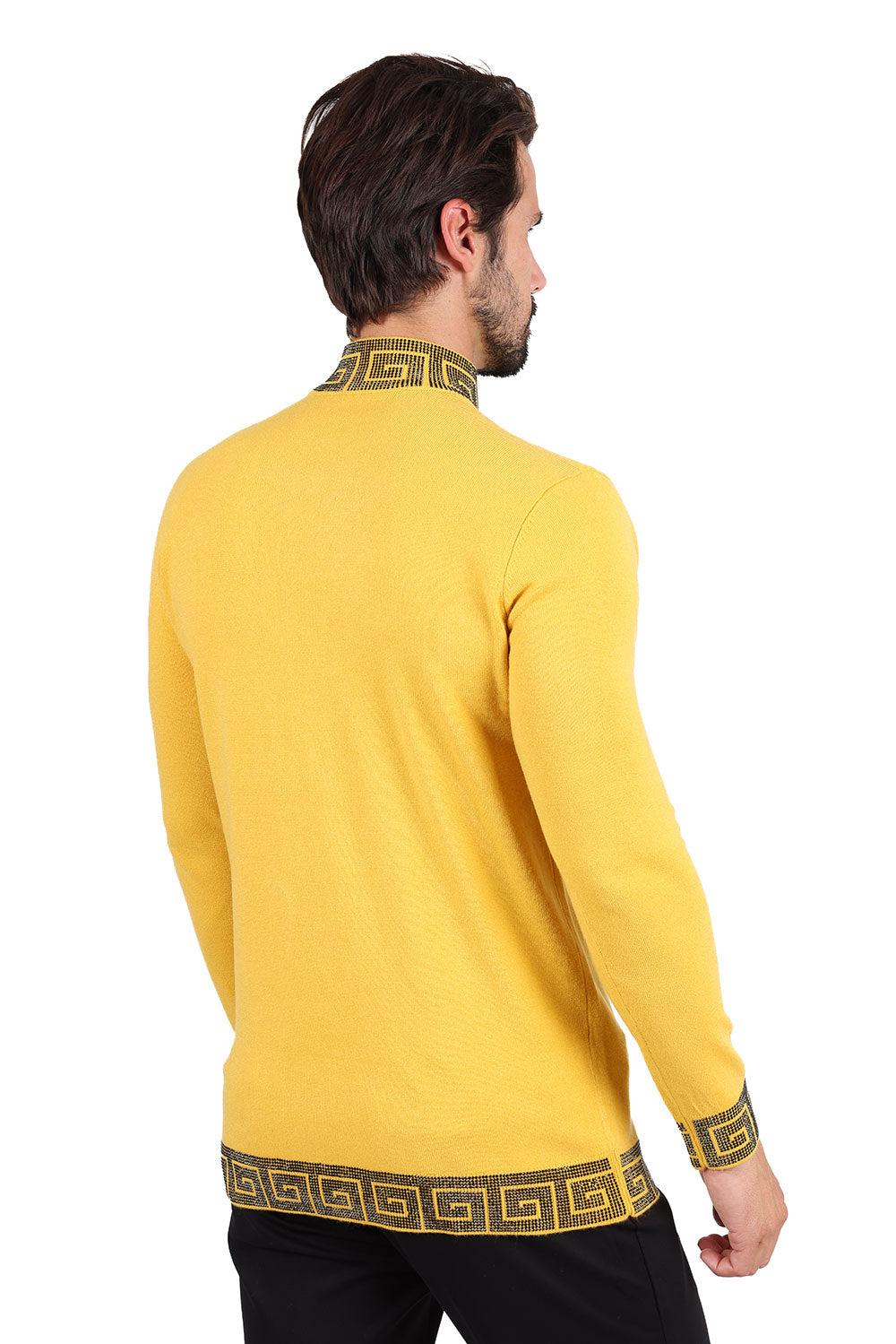 Barabas Men's Rhinestones Greek Key Pattern Turtleneck Sweater 2LS2106 Mustard Black