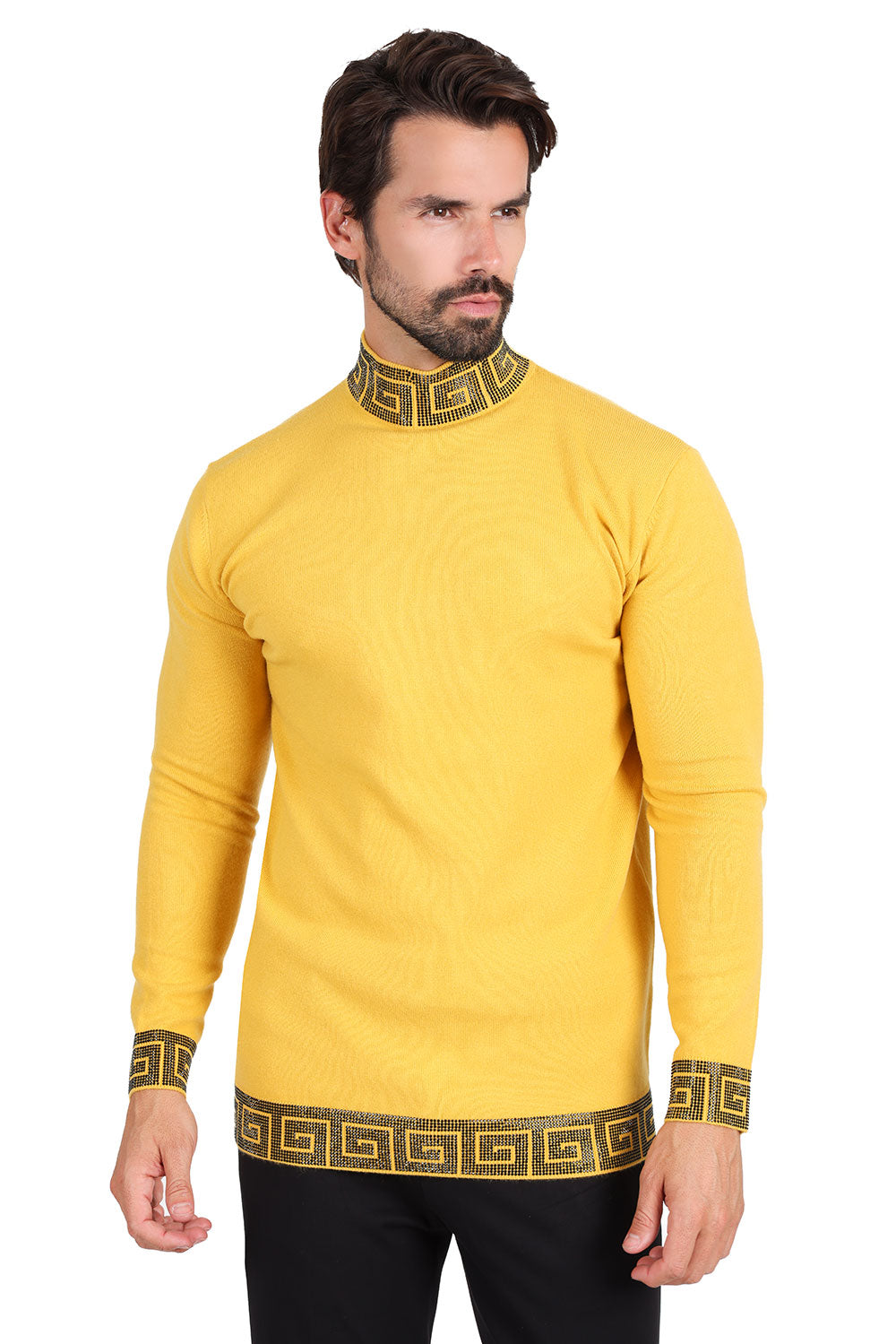 Barabas Men's Rhinestones Greek Key Pattern Turtleneck Sweater 2LS2106 Mustard Black