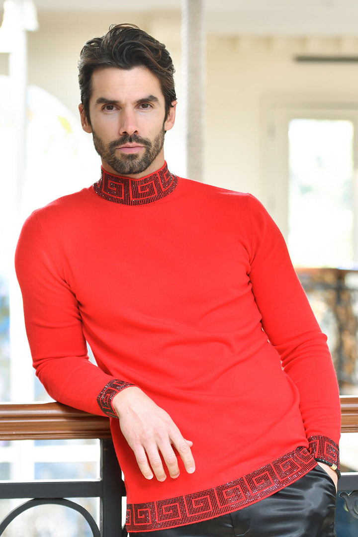 Barabas Men's Rhinestones Greek Key Pattern Turtleneck Sweater 2LS2106 Red