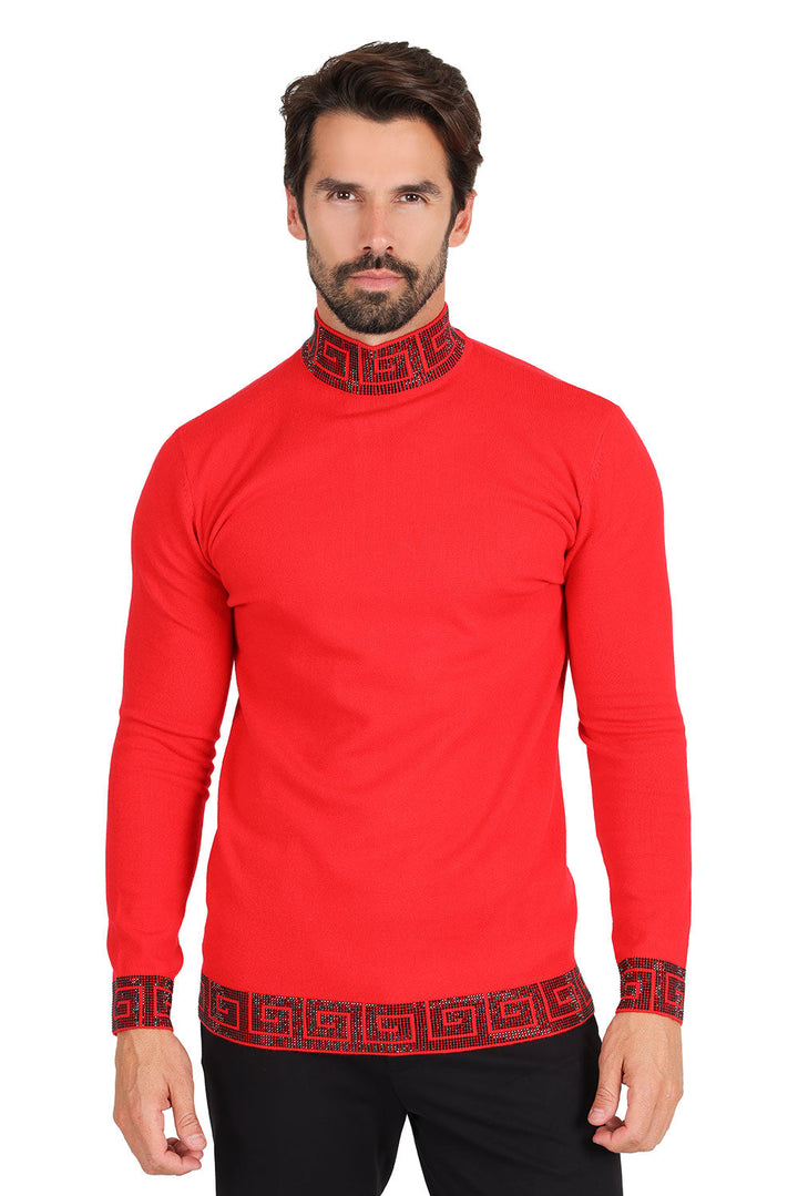Barabas Men's Rhinestones Greek Key Pattern Turtleneck Sweater 2LS2106 Red Black
