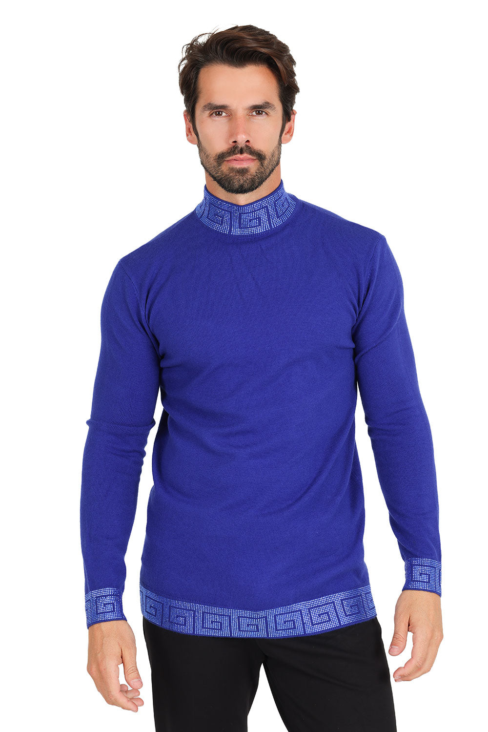 Barabas Men's Rhinestones Greek Key Pattern Turtleneck Sweater 2LS2106 Royal Black