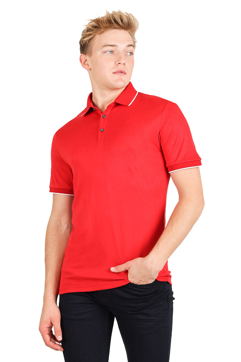 Barabas Men's Solid Color Luxury Short Sleeves Polo Shirts 2PP825 Red