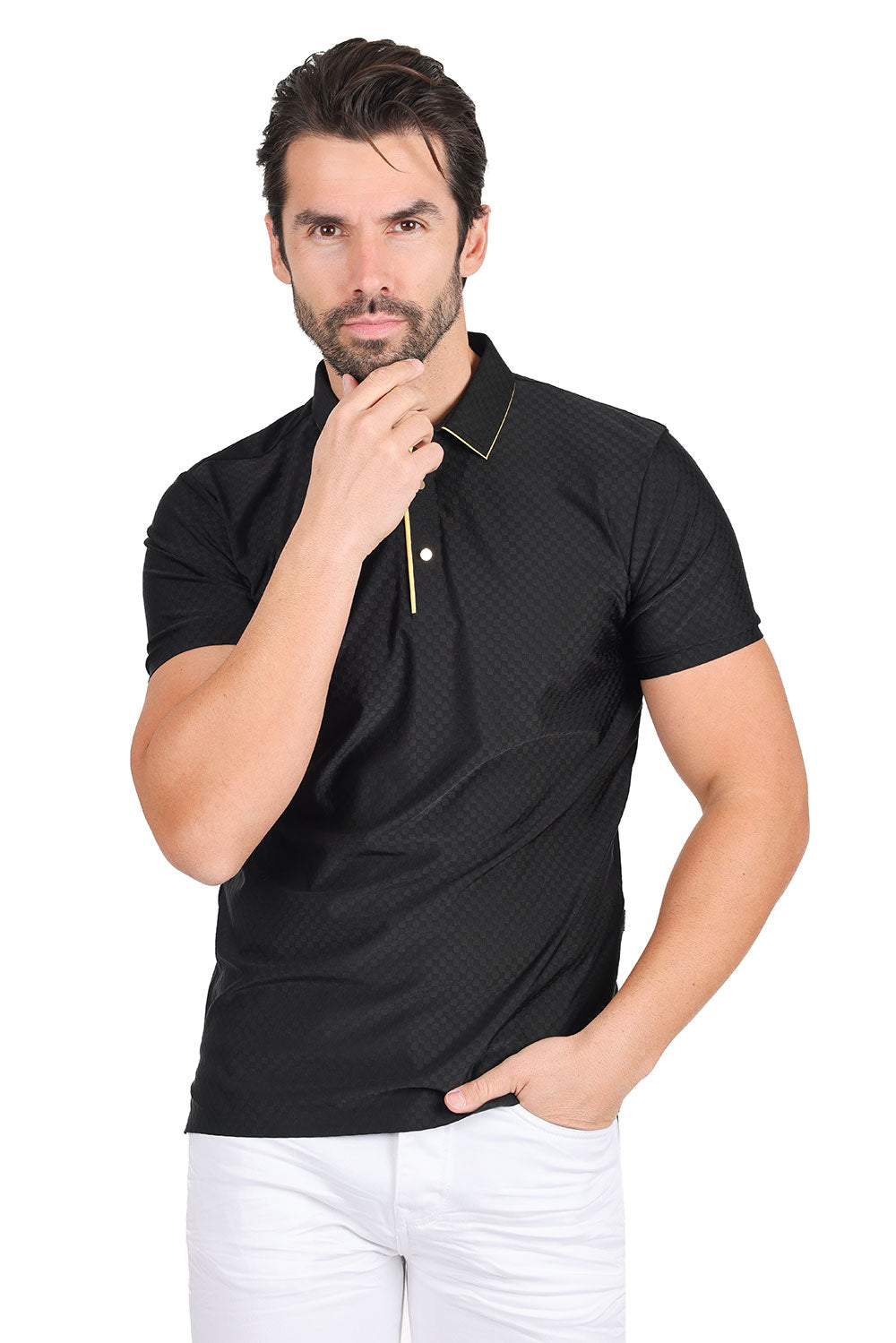 BARABAS Men's Solid Color Diamond Textured Premium Polo Shirts 2PP828 Black