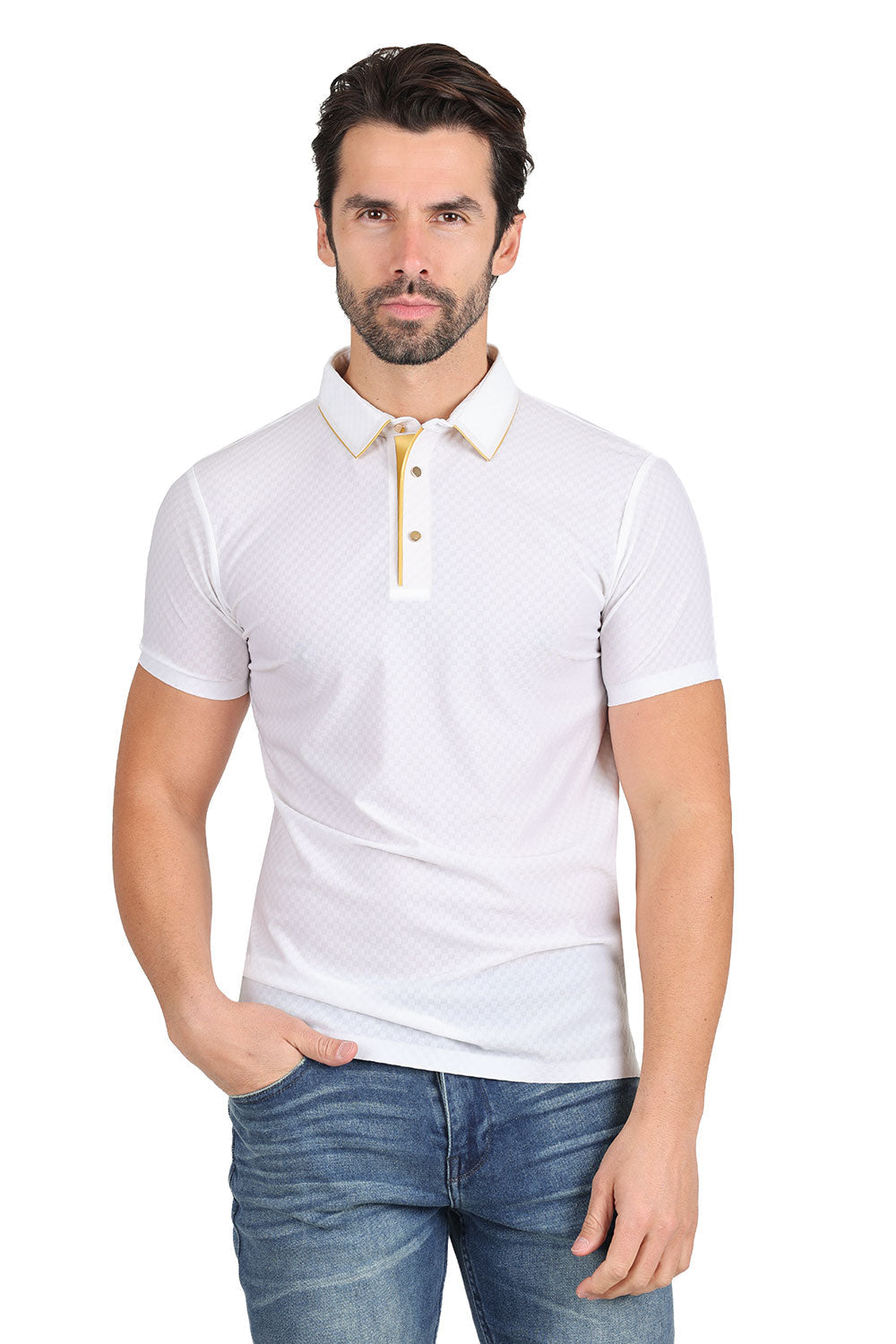 BARABAS Men's Solid Color Diamond Textured Premium Polo Shirts 2PP828 White