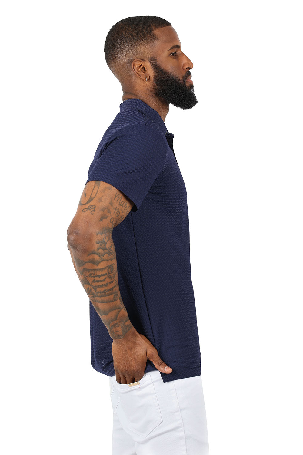 Barabas Men's  Geometric Silky Stretch Short Sleeve Polo Shirts 2PP830 Navy