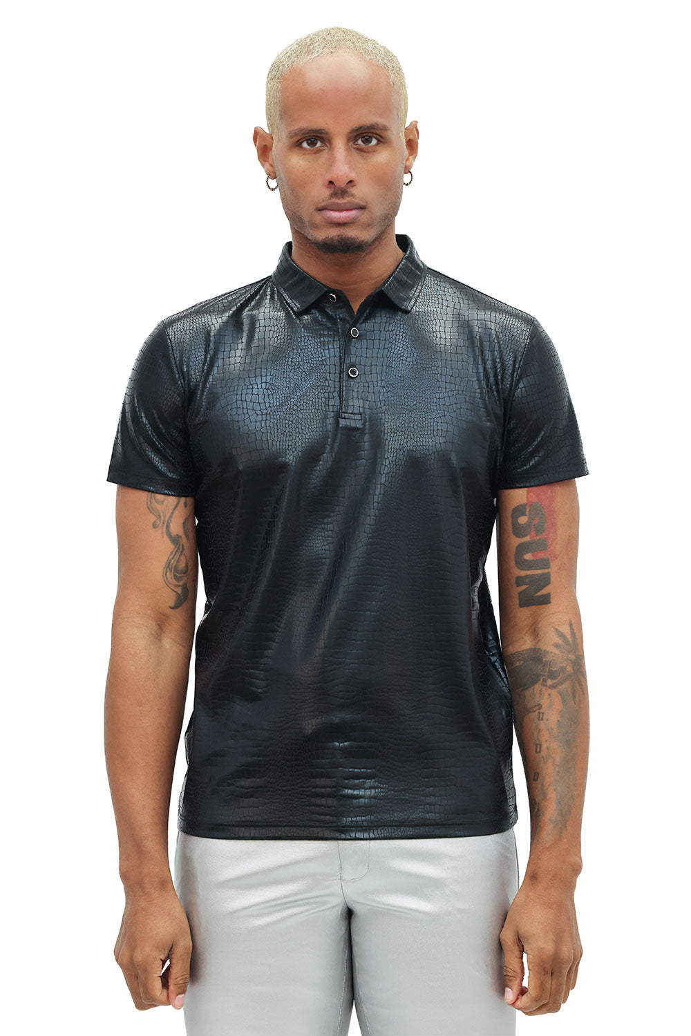 Barabas Men's Snake Luxury Metallic Print Design Polo Shirt 2PP831 Black