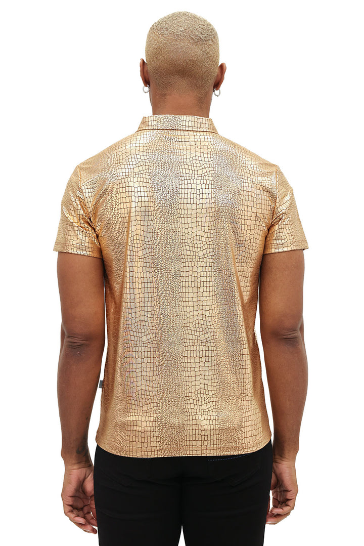 Barabas Men's Snake Luxury Metallic Print Design Polo Shirt 2PP831 Gold