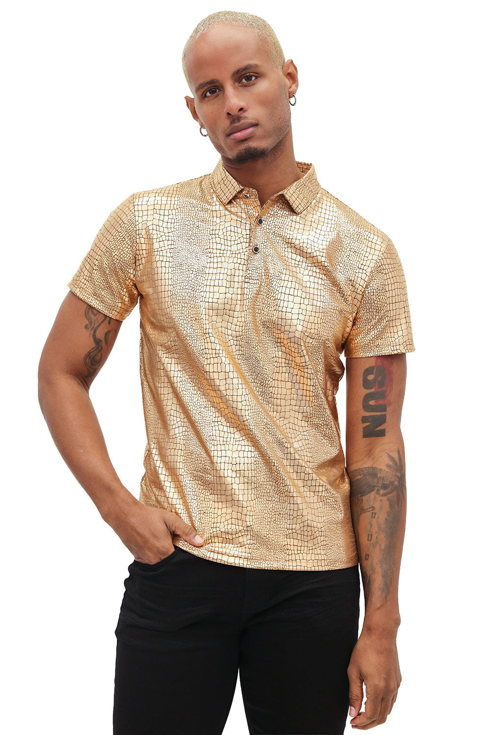 Barabas Men's Snake Luxury Metallic Print Design Polo Shirt 2PP831 Gold