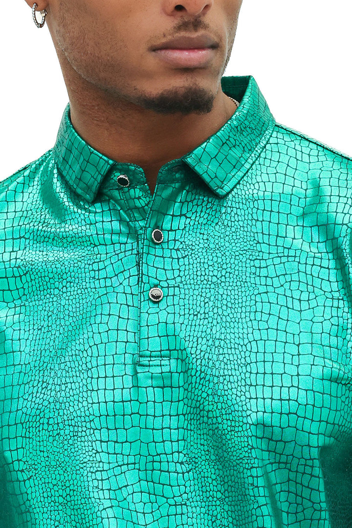 Barabas Men's Snake Luxury Metallic Print Design Polo Shirt 2PP831 green
