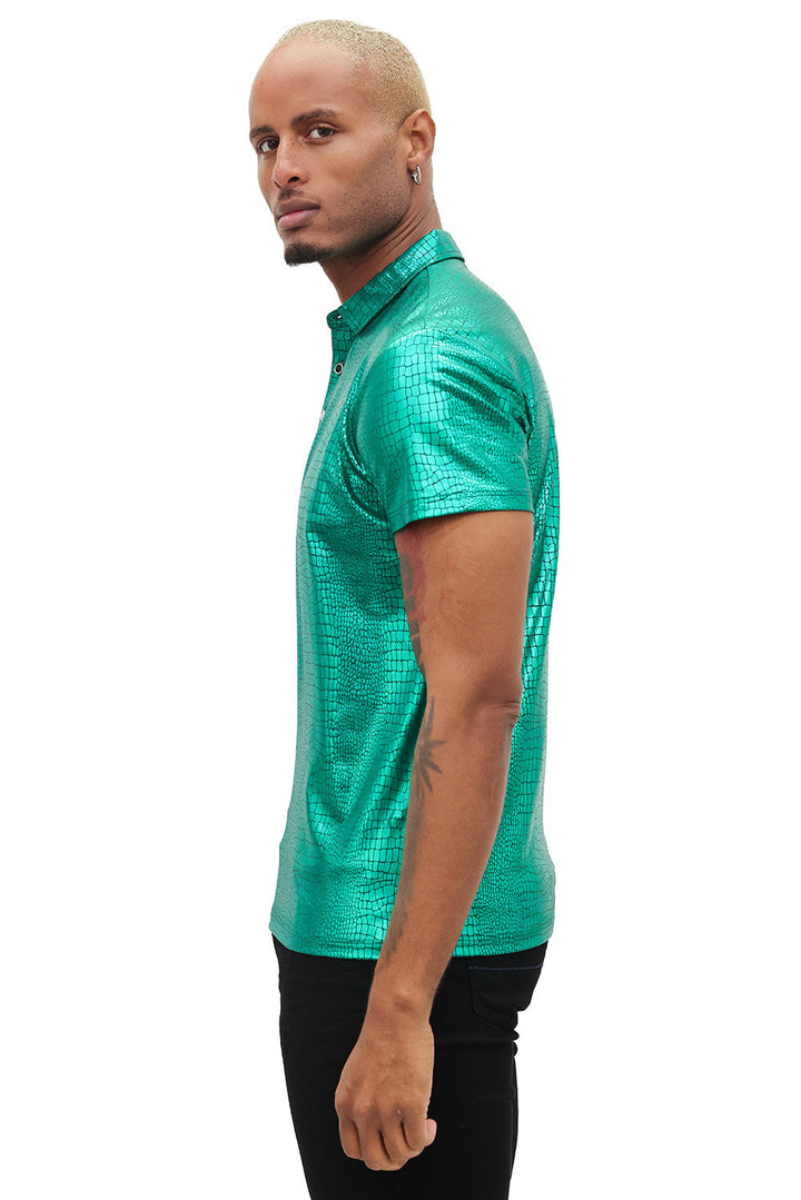 Barabas Men's Snake Luxury Metallic Print Design Polo Shirt 2PP831 Green