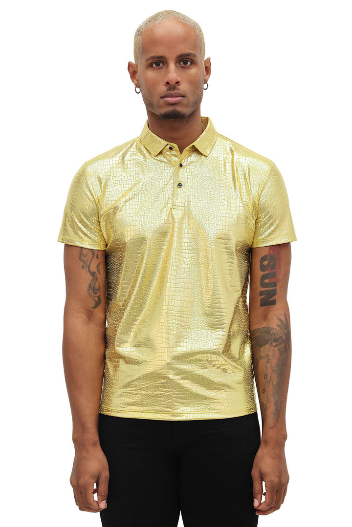 Barabas Men's Snake Luxury Metallic Print Design Polo Shirt 2PP831 yellow