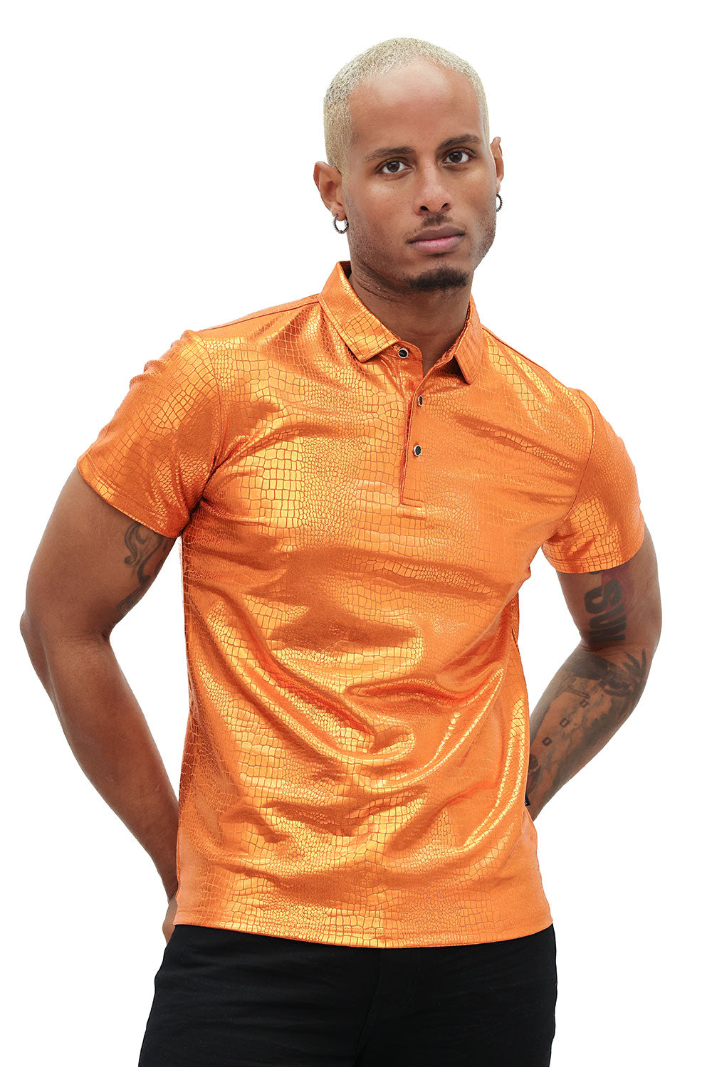 Barabas Men's Snake Luxury Metallic Print Design Polo Shirt 2PP831 orange
