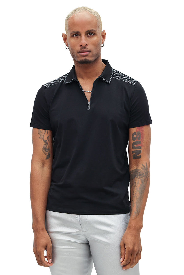 Barabas Men's Greek Key Print Design With Rhinestone Polo Shirt 2PZ01 Black Hematite