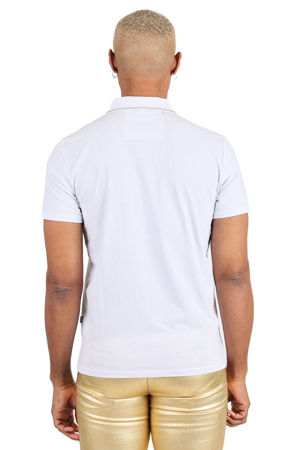 Barabas Men's Greek Key Print Design With Rhinestone Polo Shirt 2PZ01 White Gold