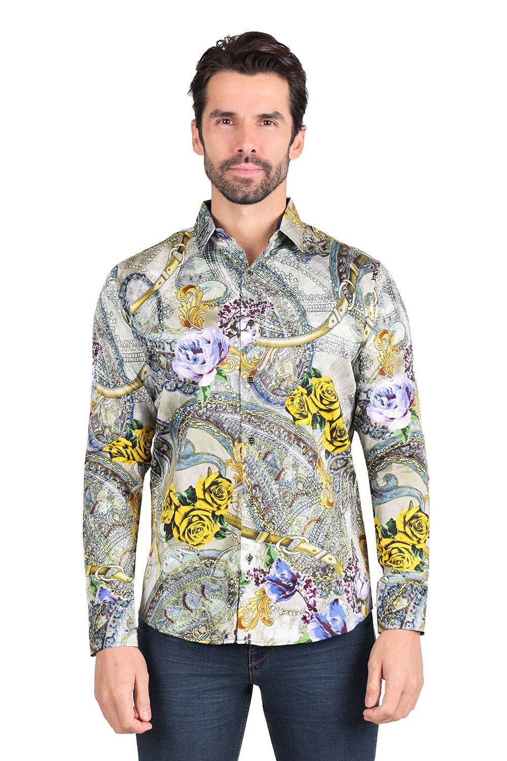 Barabas Men's Floral Paisley Rose Printed Long Sleeve Shirts 2SA092SA09 Yellow