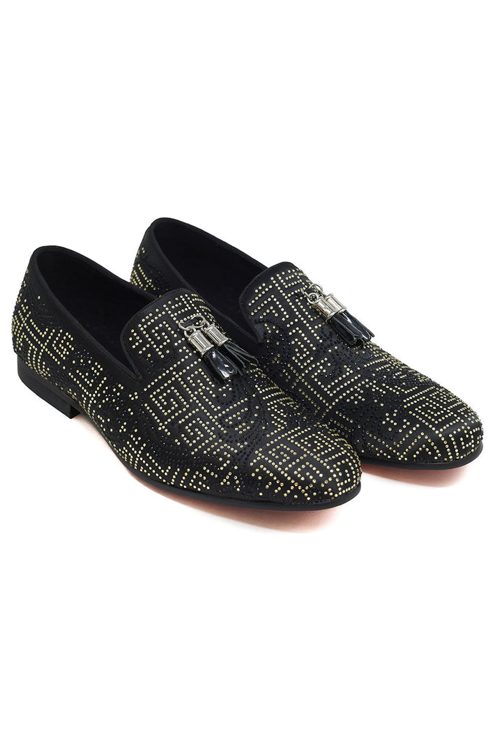 Barabas Men's Greek Key Pattern Tassel Slip On Loafer Shoes 2SH3102ST Black Gold