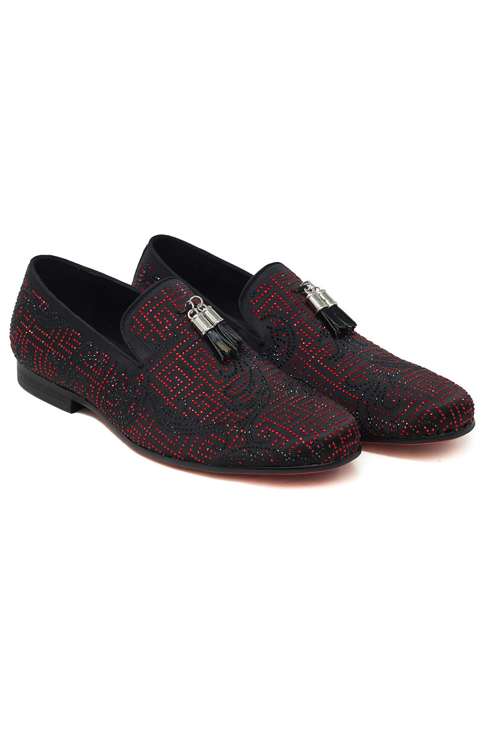 Barabas Men's Greek Key Pattern Tassel Slip On Loafer Shoes 2SH3102ST Black Red