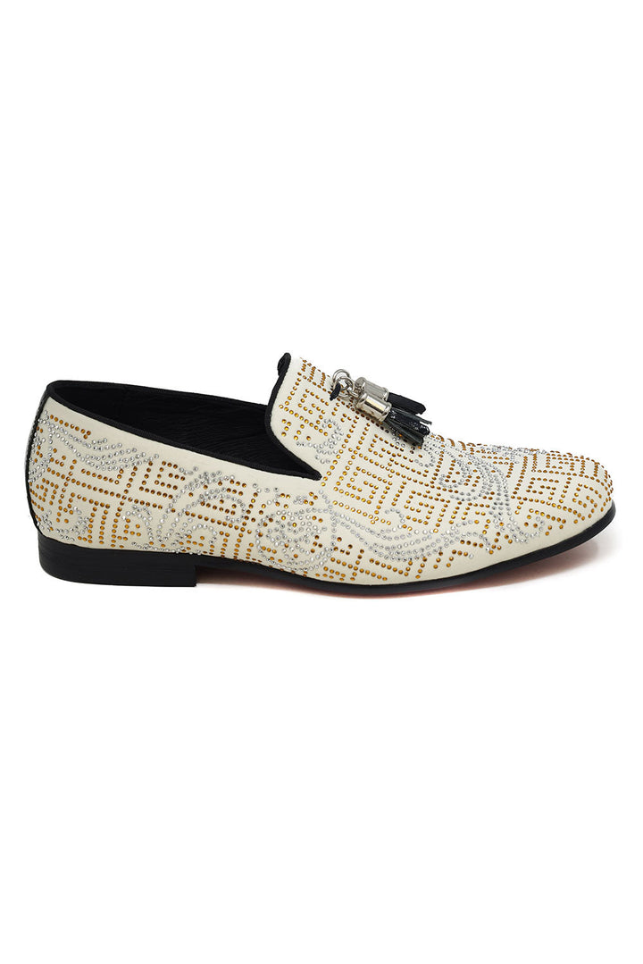 Barabas Men's Greek Key Pattern Tassel Slip On Loafer Shoes 2SH3102ST Cream Gold
