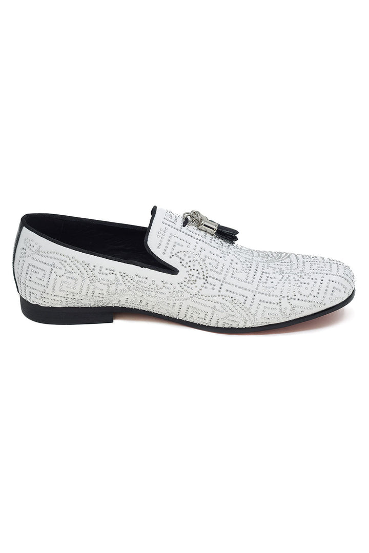 Barabas Men's Greek Key Pattern Tassel Slip On Loafer Shoes 2SH3102ST White