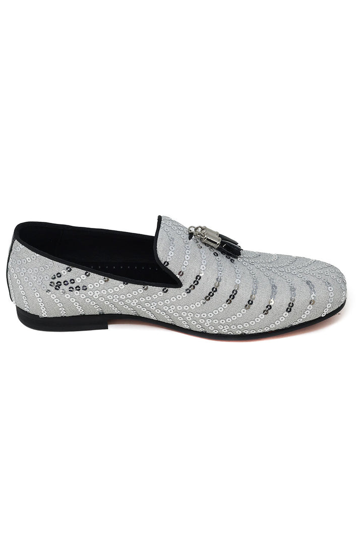 Barabas Men's Sequin Design Tassel Slip On Loafer Shoes 2SHR8 White Silver
