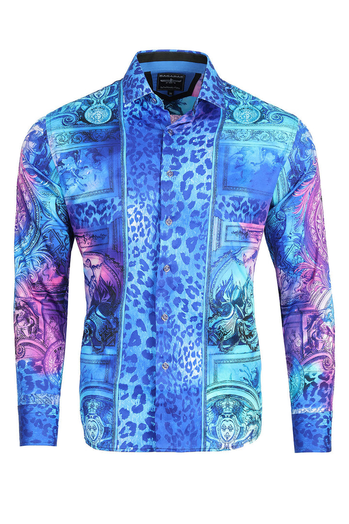 BARABAS Men's Medusa Floral Angeles Baroque Long Sleeve Shirt 2SP220 Blue