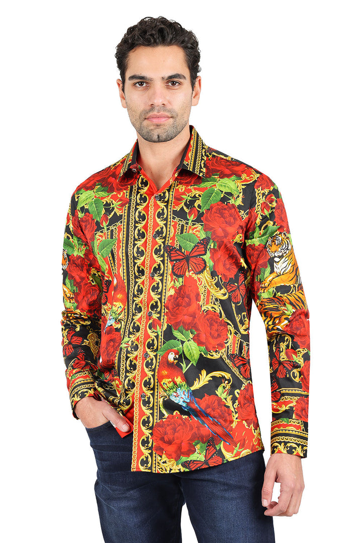 BARABAS Men's Tiger Floral Butterfly Luxury Shirt Long Sleeve 2SP224