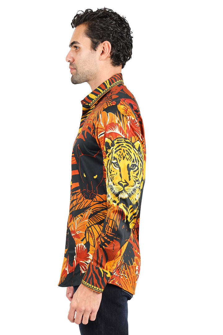 BARABAS Men's Tiger Floral Long Sleeves Button Down Shirt 2SP225 Rust Gold