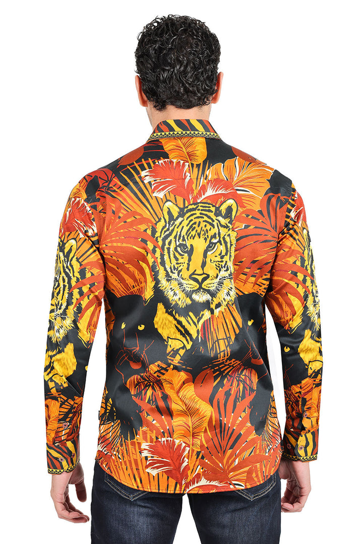 BARABAS Men's Tiger Floral Long Sleeves Button Down Shirt 2SP225 Rust Gold