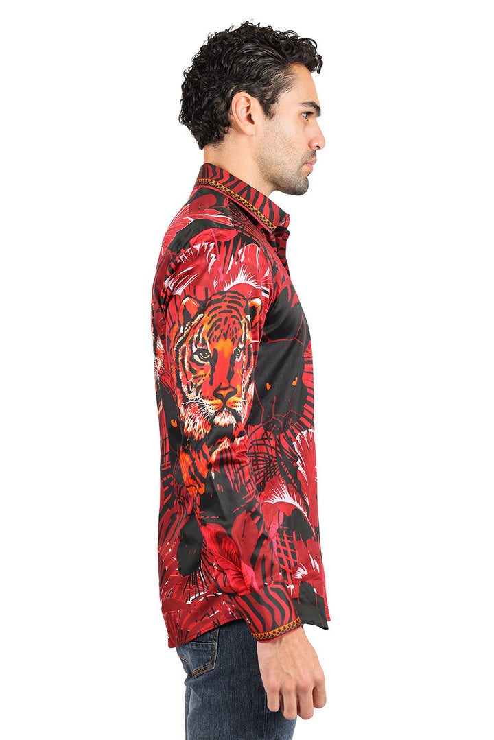 BARABAS Men's Tiger Floral Long Sleeves Button Down Shirt 2SP225 Red