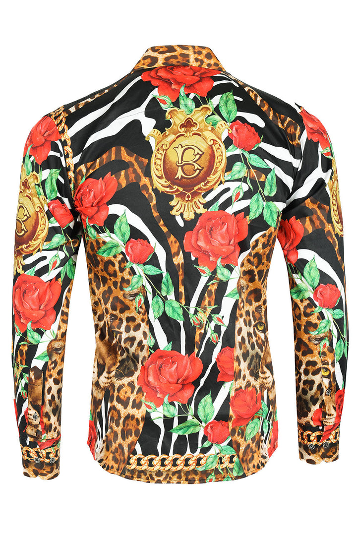 BARABAS Men's Rhinestone Leopard Floral Long Sleeves Shirt 2SP227