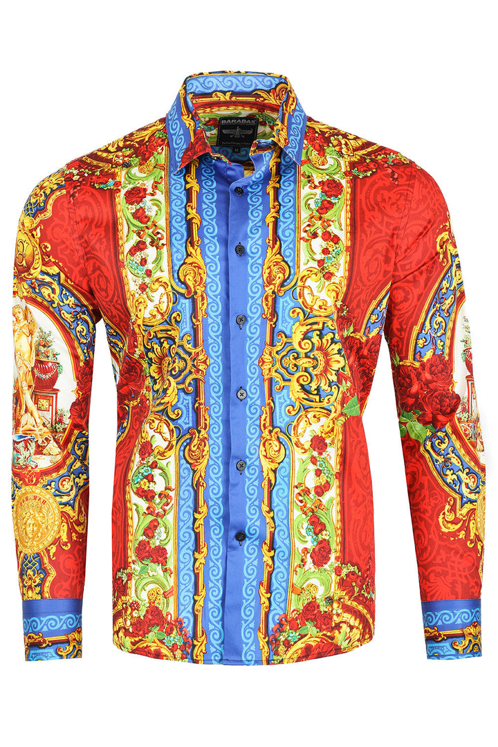 BARABAS men's Baroque Angels Floral Printed Long Sleeve Shirts 2SP26 Red Blue