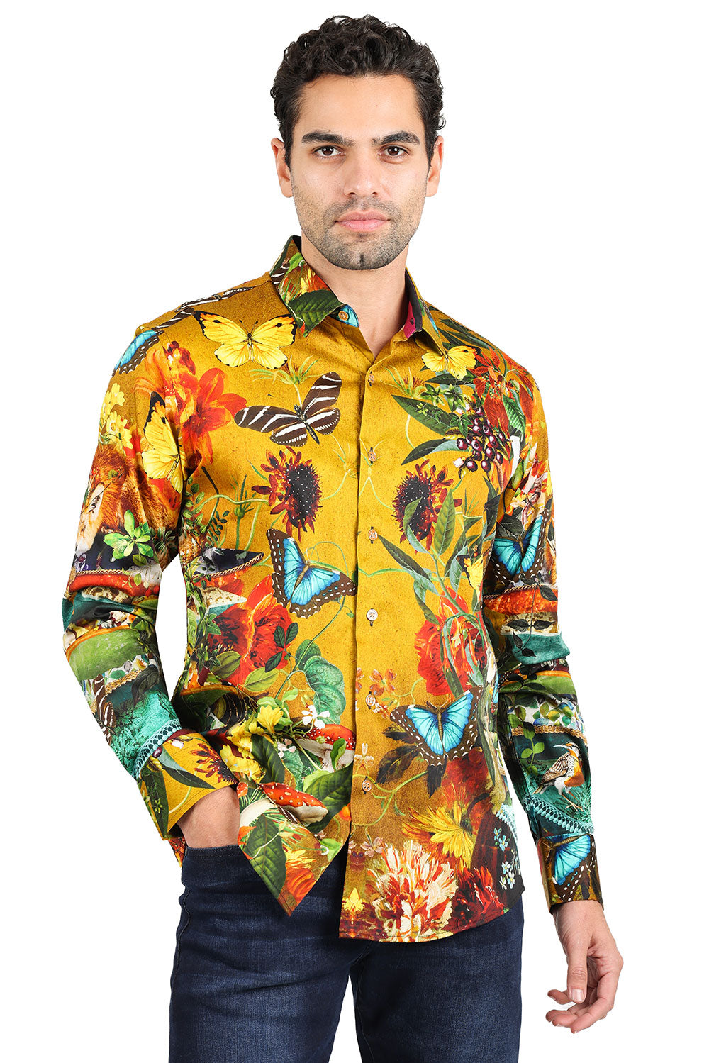 BARABAS men's Butterflies Floral printed long sleeve shirts 2SP30 Brown
