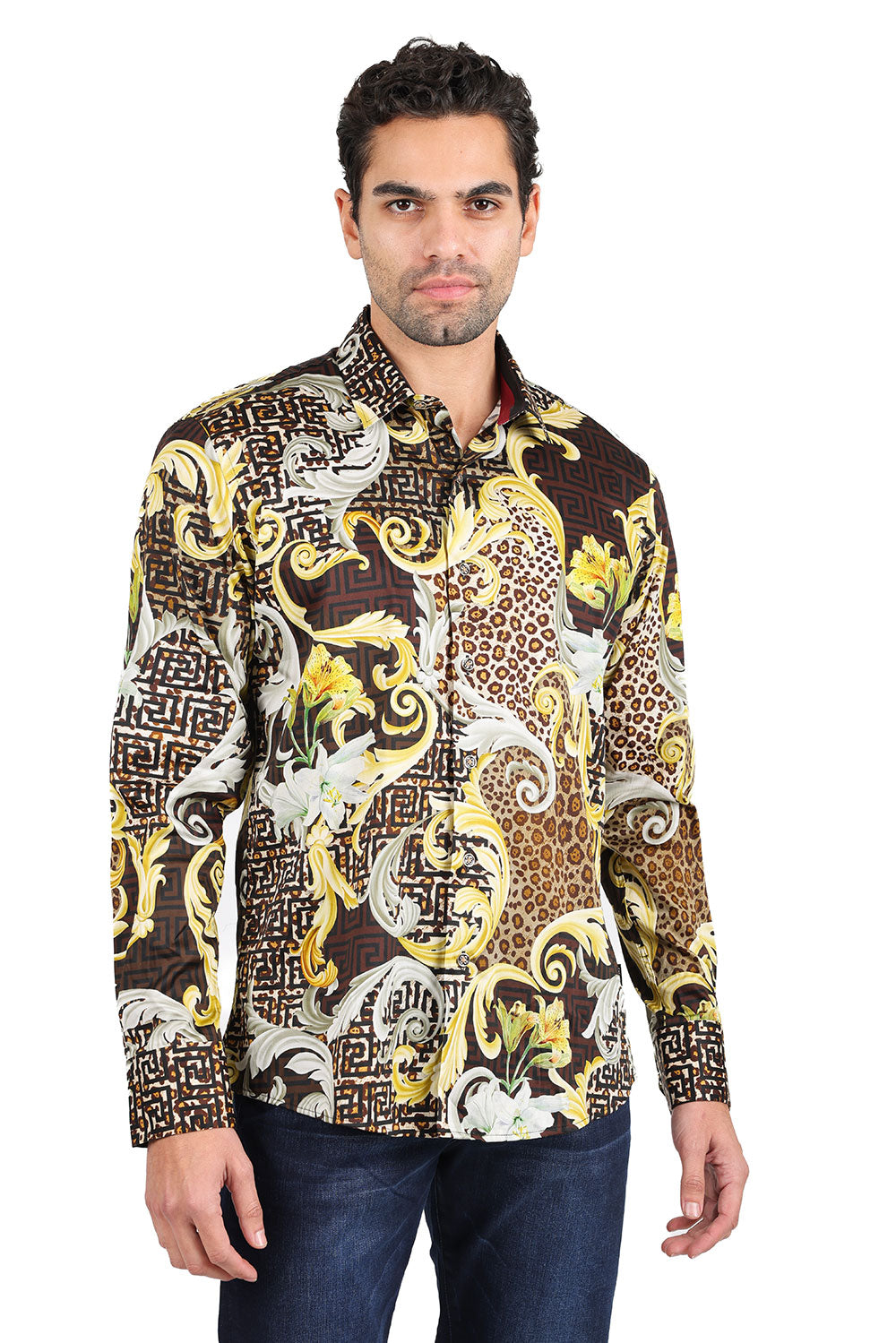 BARABAS men's Leopard Floral Greek Key Pattern Baroque Shirts 2SP34