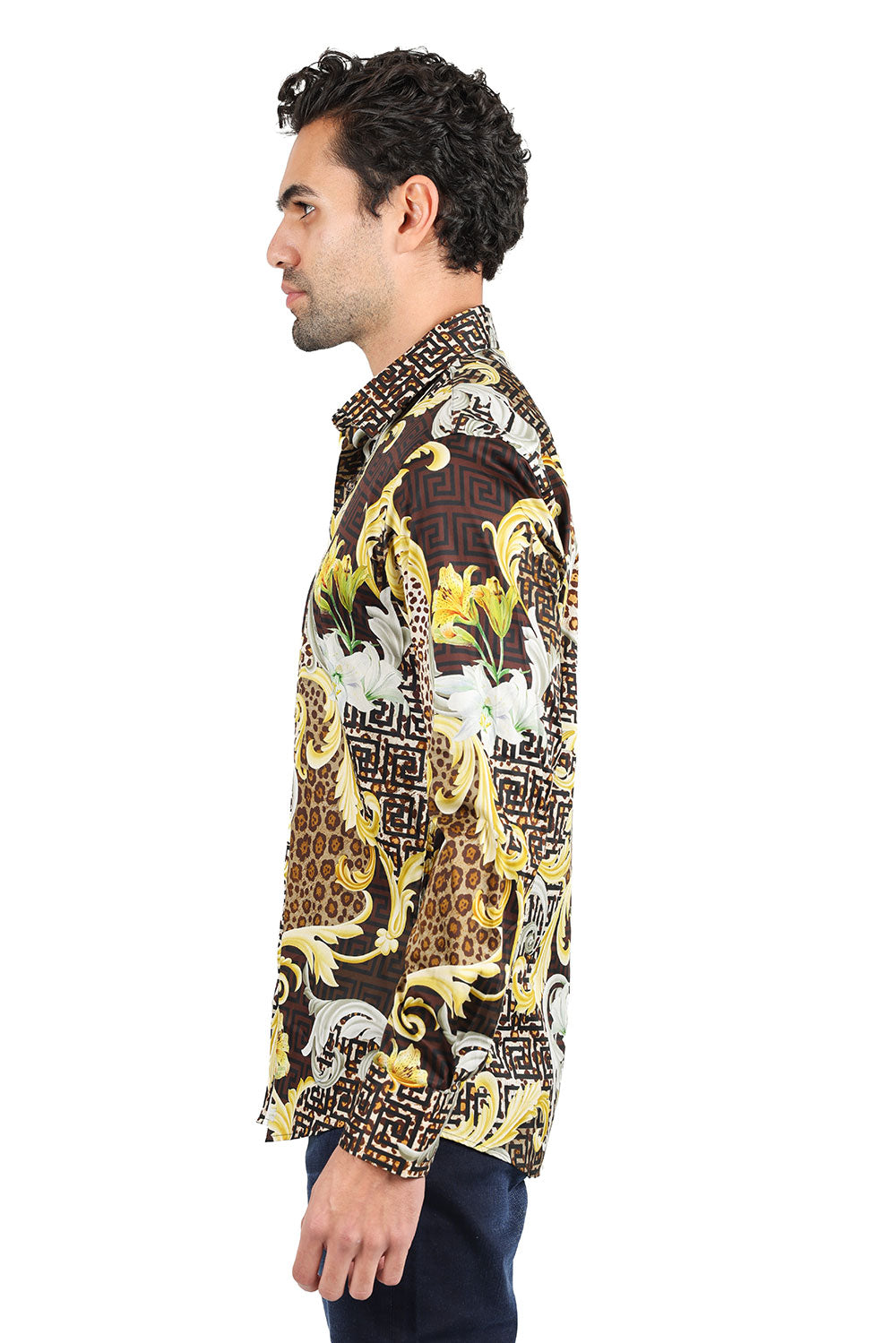 BARABAS men's Leopard Floral Greek Key Pattern Baroque Shirts 2SP34 Coffee